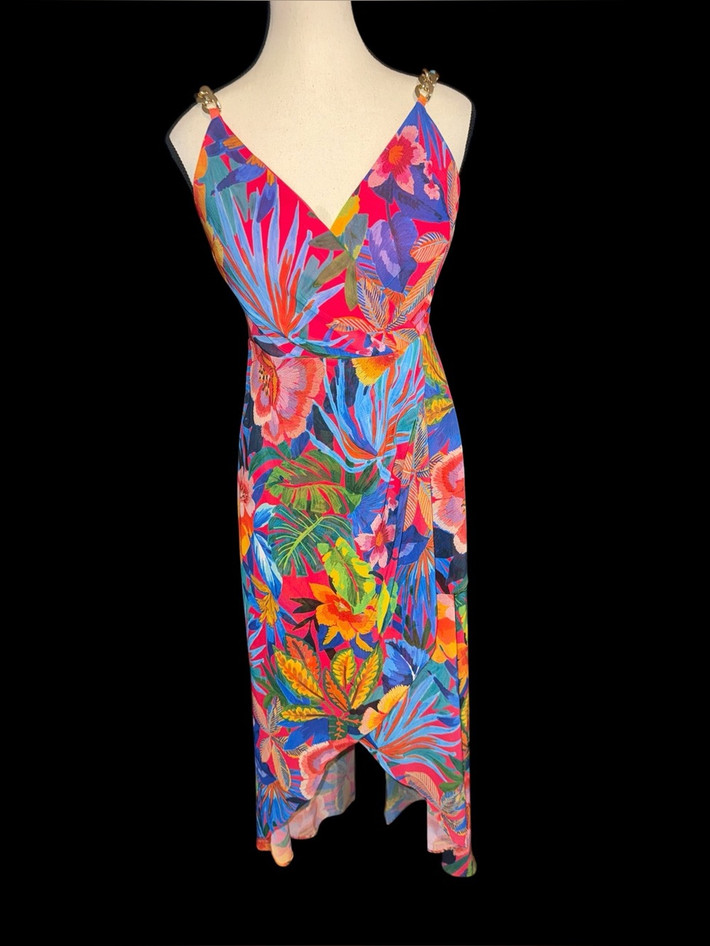 Siena Tropical Floral Chiffon Dress Sz 2 Gold Chain Straps High Low Maxi